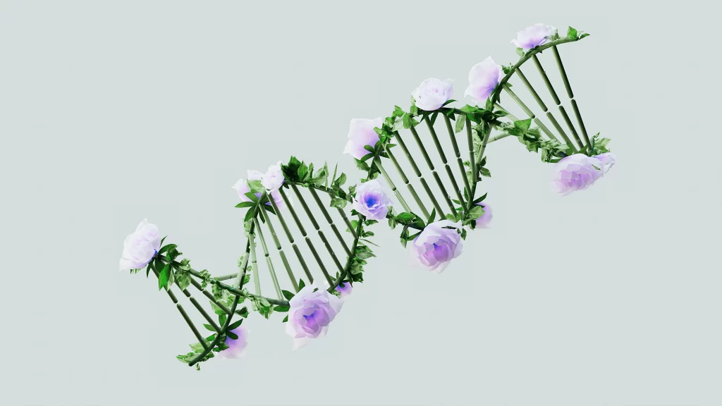 A DNA strand made up of proteins with flowers on it.