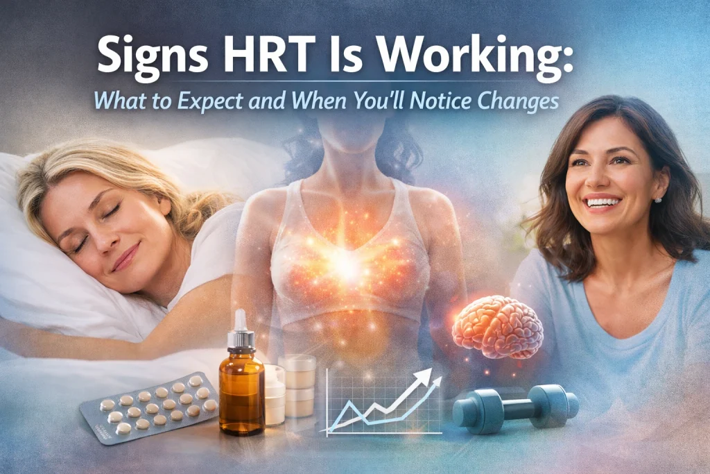 Horizontal featured image showing a calm, confident middle-aged woman in soft natural light, representing balance and well-being during hormone replacement therapy.