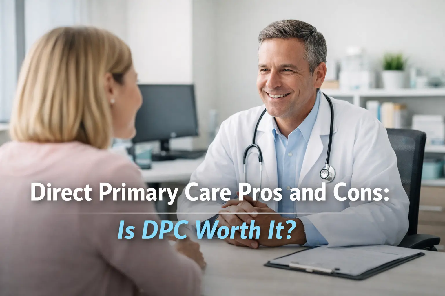 Doctor speaking with a patient in a modern clinic with overlay text reading “Direct Primary Care Pros and Cons: Is DPC Worth It?”