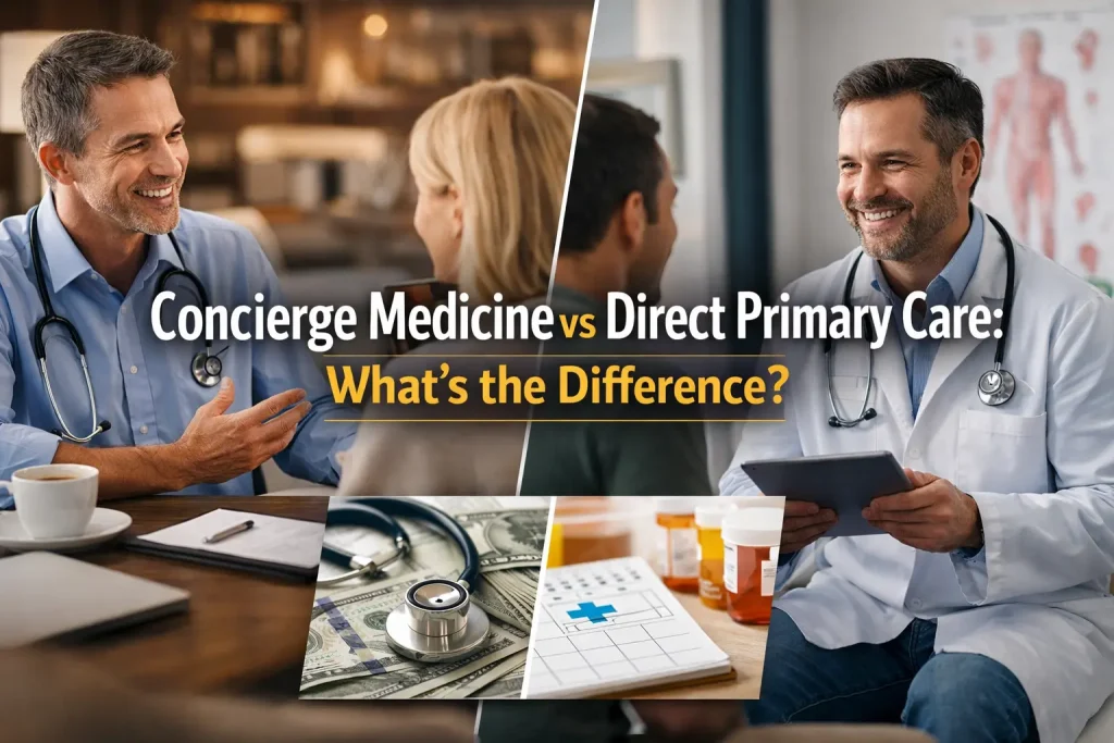 Horizontal image comparing concierge medicine vs direct primary care, showing a physician consulting with a patient and text overlay reading “Concierge Medicine vs Direct Primary Care: What’s the Difference?”