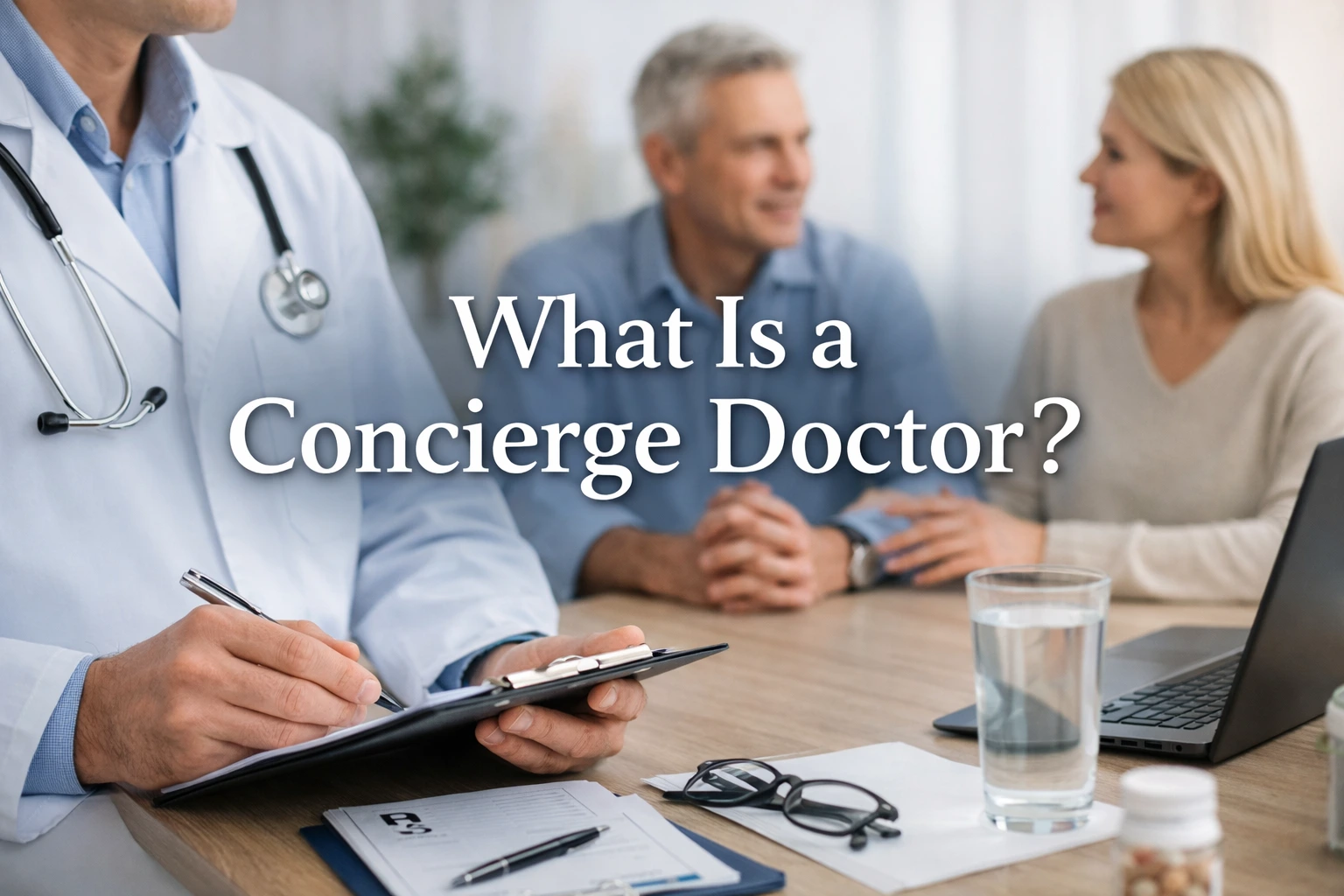 Doctor reviewing notes while speaking with a couple during a personalized consultation, with overlaid text reading “What Is a Concierge Doctor?”