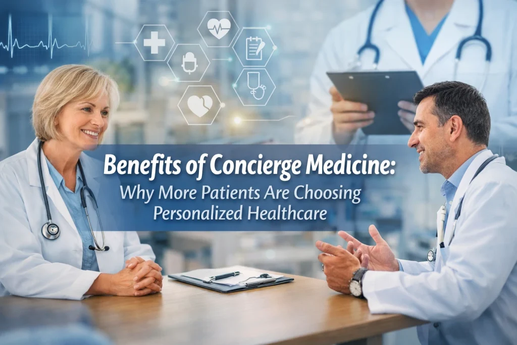 Doctor consulting with patient in a modern clinic, representing personalized healthcare and the benefits of concierge medicine with a focus on individualized care and longer appointments.