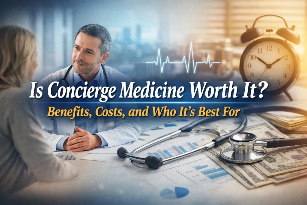 Concierge doctor consulting with patient in modern office with stethoscope and financial elements, overlaid text reading “Is Concierge Medicine Worth It? Benefits, Costs, and Who It’s Best For”.