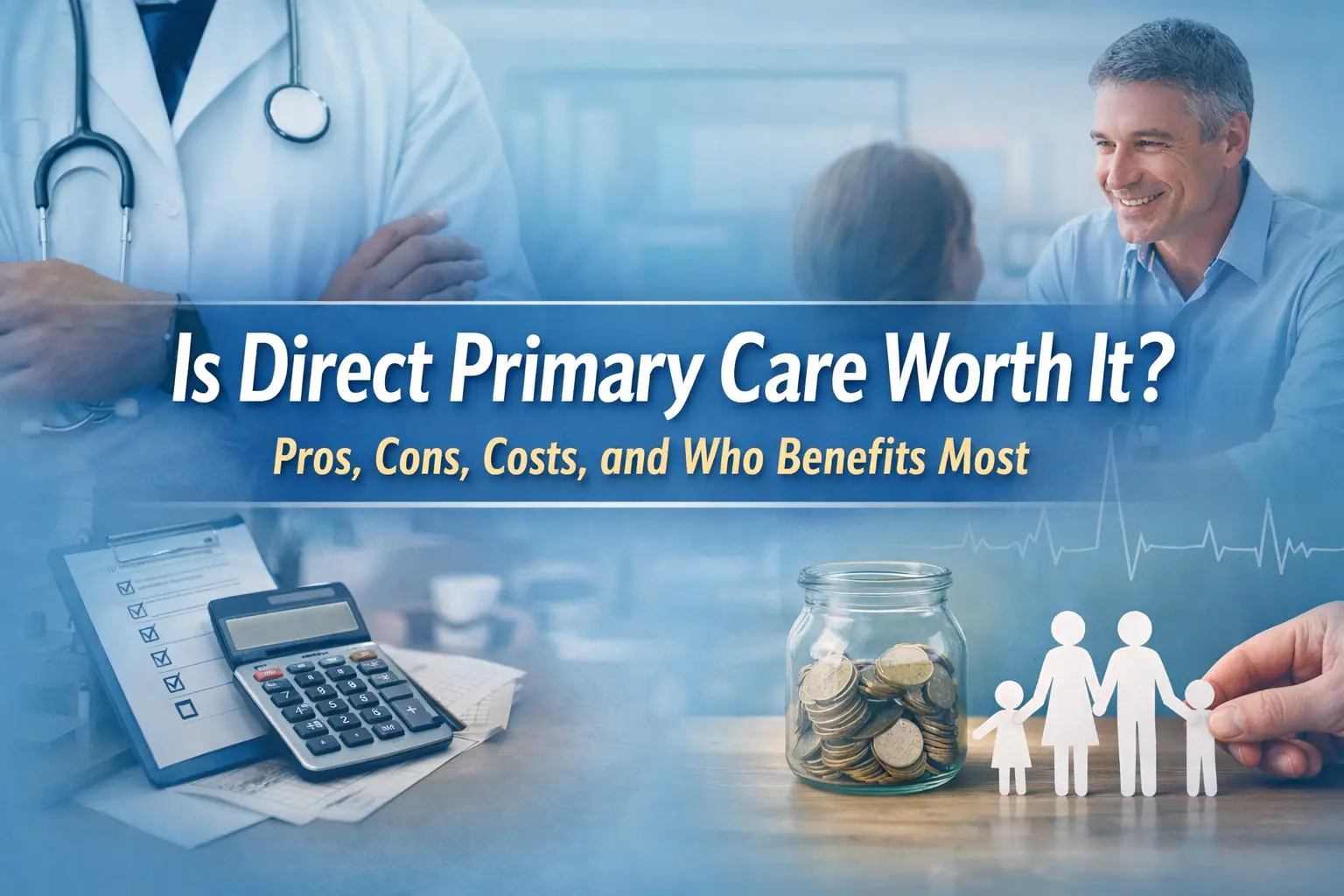 Horizontal featured image showing a doctor consulting with a patient alongside financial imagery like a calculator and jar of coins, with overlaid text reading “Is Direct Primary Care Worth It? Pros, Cons, Costs, and Who Benefits Most.”