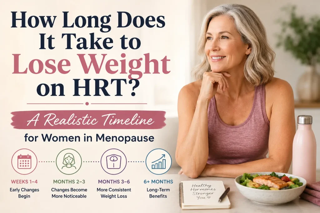 Horizontal featured image showing a middle-aged woman in workout clothing looking confident and healthy while tracking progress during menopause. The background includes subtle wellness and hormone health imagery with overlaid text reading, “How Long Does It Take to Lose Weight on HRT? A Realistic Timeline for Women in Menopause.”