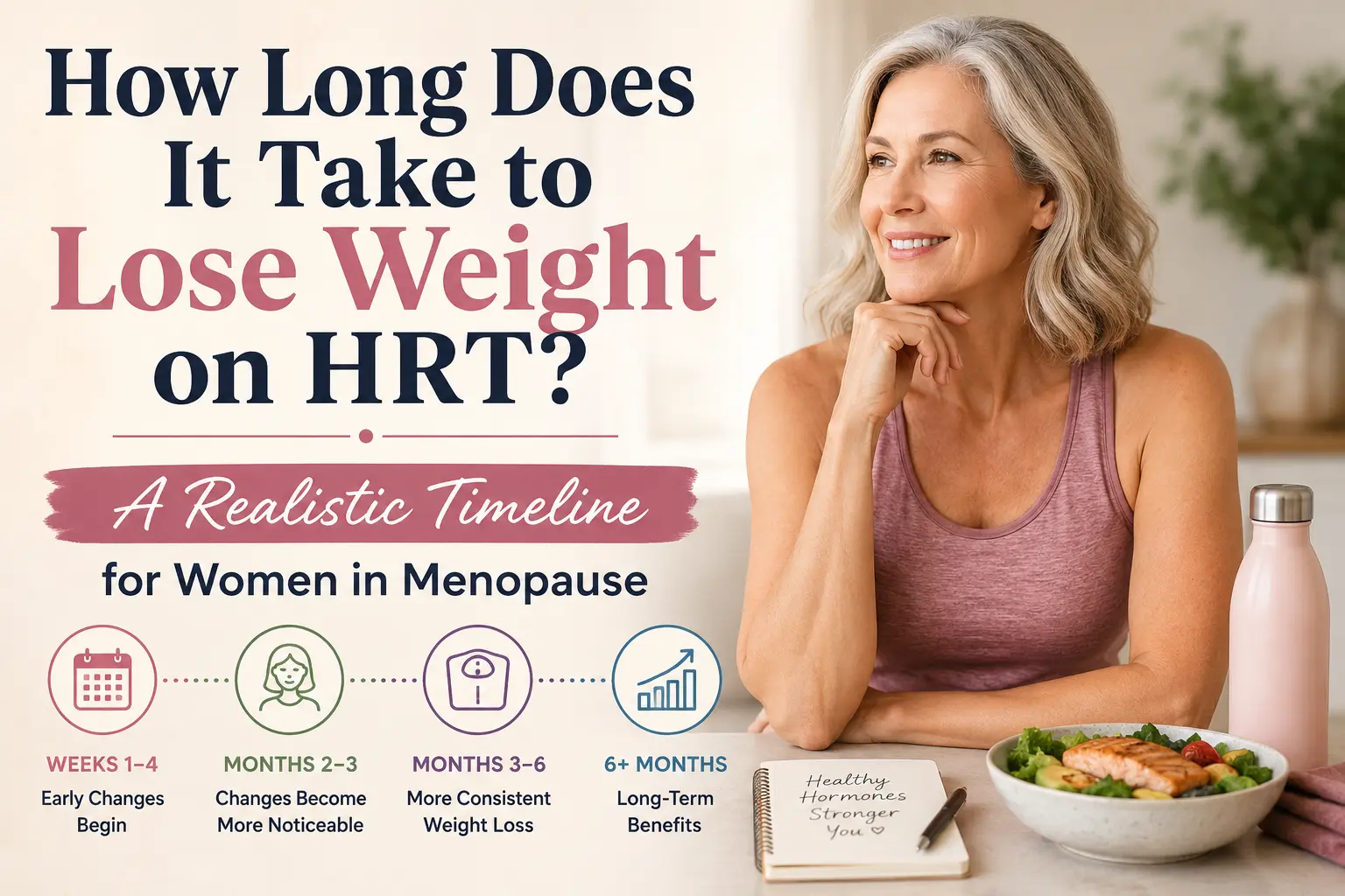 Horizontal featured image showing a middle-aged woman in workout clothing looking confident and healthy while tracking progress during menopause. The background includes subtle wellness and hormone health imagery with overlaid text reading, “How Long Does It Take to Lose Weight on HRT? A Realistic Timeline for Women in Menopause.”