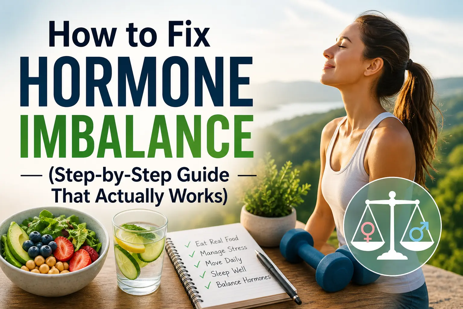 Horizontal featured image showing a calm wellness setting with a person looking relaxed and energized, surrounded by natural elements like healthy food and sunlight, with overlaid text reading “How to Fix Hormone Imbalance (Step-by-Step Guide That Actually Works)”.
