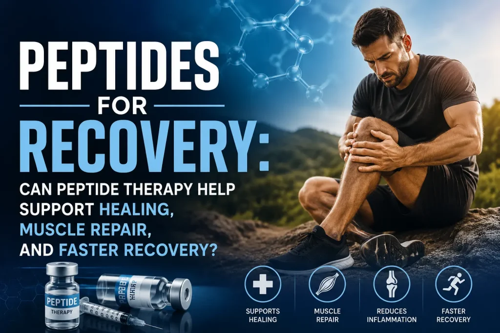 Featured image for an article about peptides for recovery showing an active adult recovering from exercise alongside medical and regenerative health imagery, including peptide molecules, muscle tissue, and healing-related visuals. Overlaid text reads: “Peptides for Recovery: Can Peptide Therapy Help Support Healing, Muscle Repair, and Faster Recovery?”