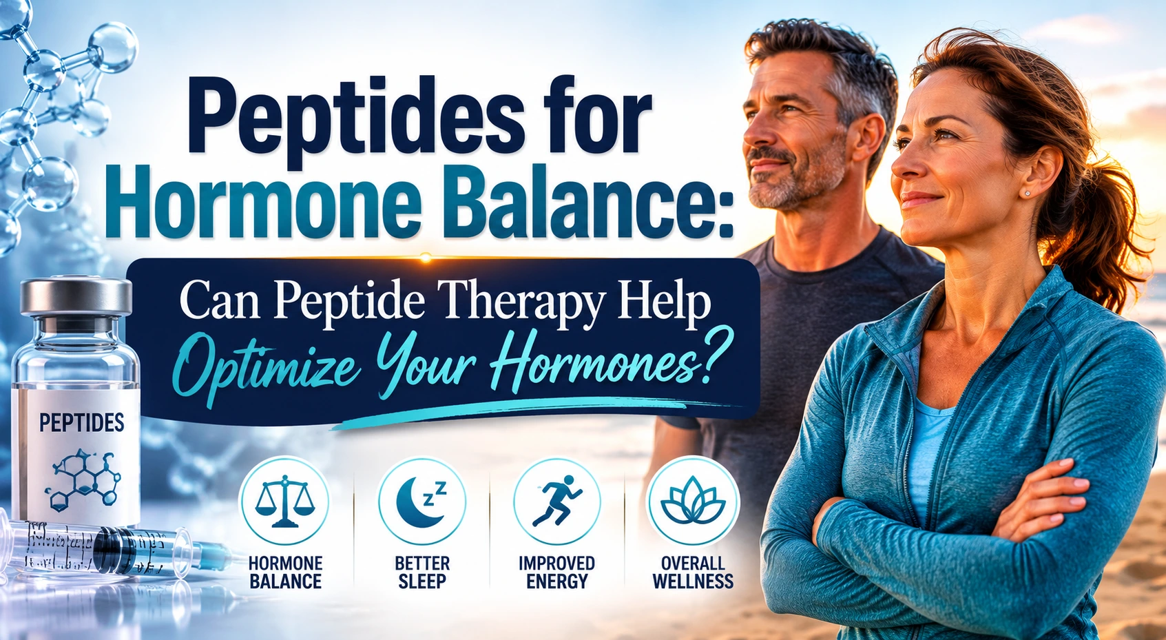 A horizontal featured image showing a healthy middle-aged man and woman standing confidently beside peptide therapy imagery, including a peptide vial, syringe, molecular structures, and hormone-related icons. Overlaid text reads, "Peptides for Hormone Balance: Can Peptide Therapy Help Optimize Your Hormones?" against a clean blue medical-themed background.