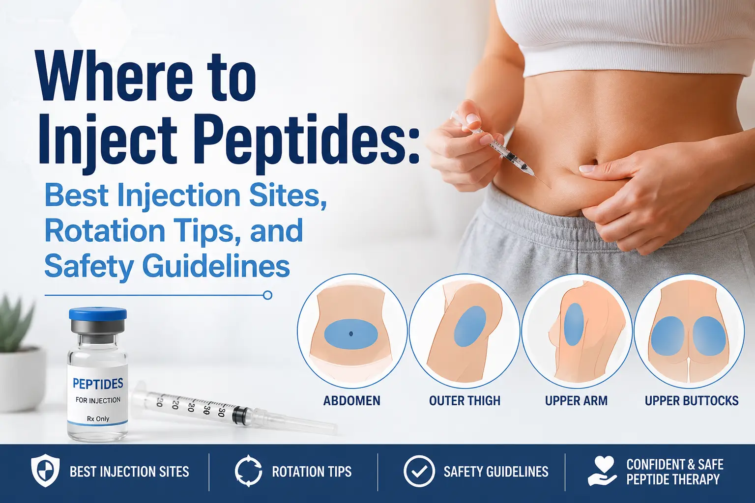 Woman preparing to administer a peptide injection into abdominal fat while holding a syringe near her stomach. The image includes labeled diagrams showing common peptide injection sites—the abdomen, outer thigh, upper arm, and upper buttocks—alongside the headline "Where to Inject Peptides: Best Injection Sites, Rotation Tips, and Safety Guidelines."