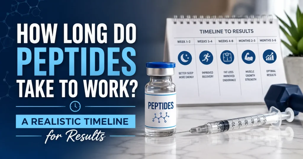 Featured image for an article titled "How Long Do Peptides Take to Work? A Realistic Timeline for Results" showing a peptide vial and syringe beside a timeline chart illustrating expected results from weeks 1-2 through months 3-6, including improvements in sleep, recovery, fat loss, muscle growth, and overall wellness.