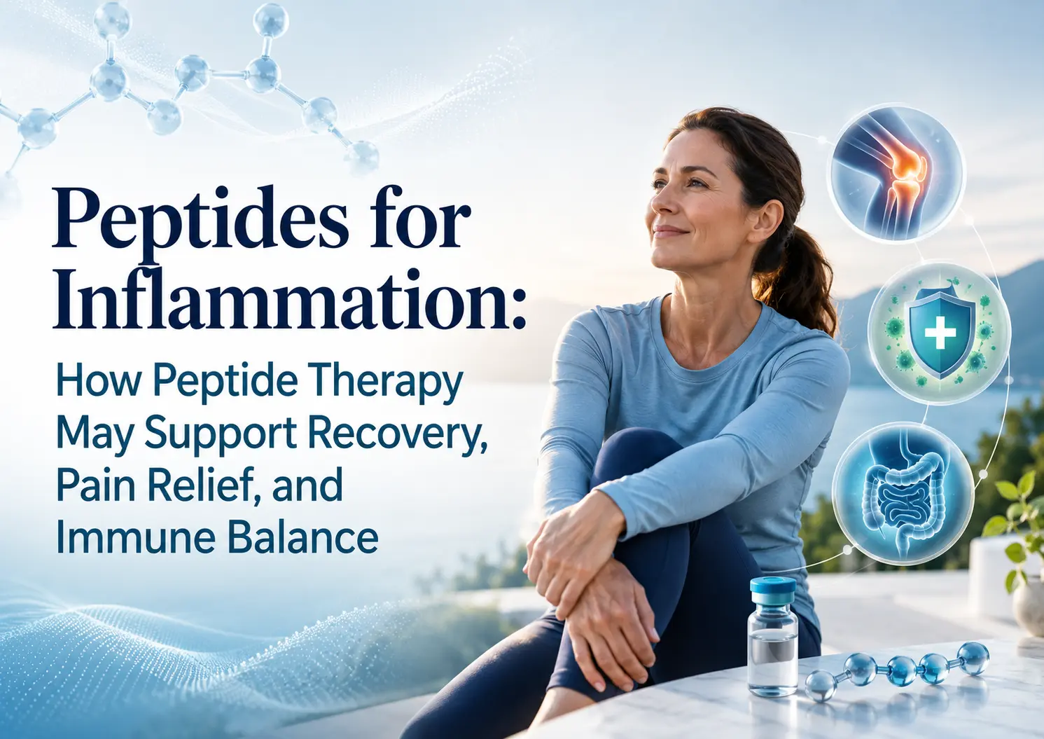 Woman sitting calmly beside a scenic waterfront with peptide molecule graphics, a medical vial, and icons for joint inflammation, immune support, and gut health. Text reads: “Peptides for Inflammation: How Peptide Therapy May Support Recovery, Pain Relief, and Immune Balance.”