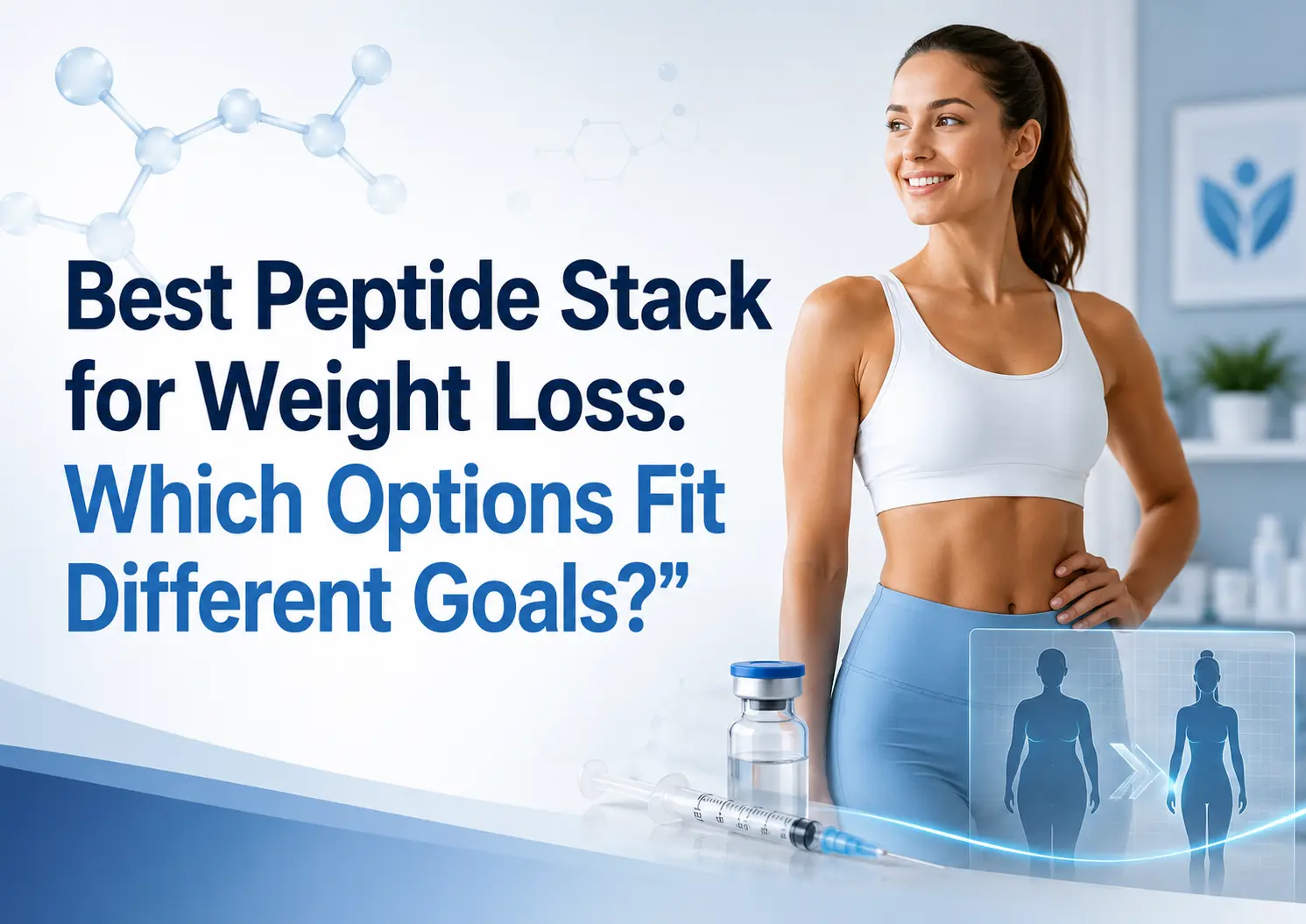 Fit woman in athletic wear beside peptide vial, syringe, molecular graphics, and body transformation illustration, with text reading “Best Peptide Stack for Weight Loss: Which Options Fit Different Goals?”