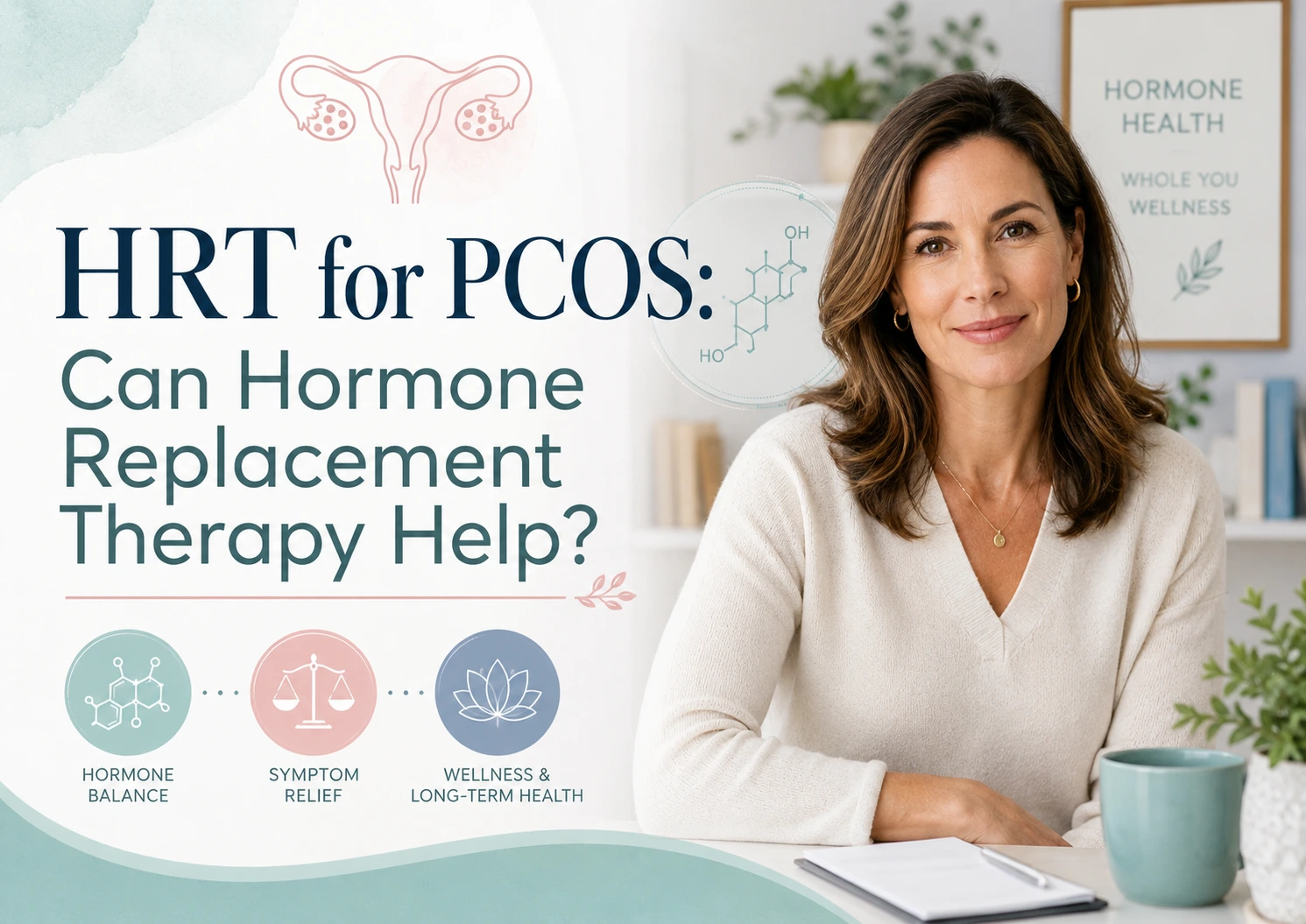 Woman seated at a desk beside PCOS and hormone-health illustrations, with text reading “HRT for PCOS: Can Hormone Replacement Therapy Help?”