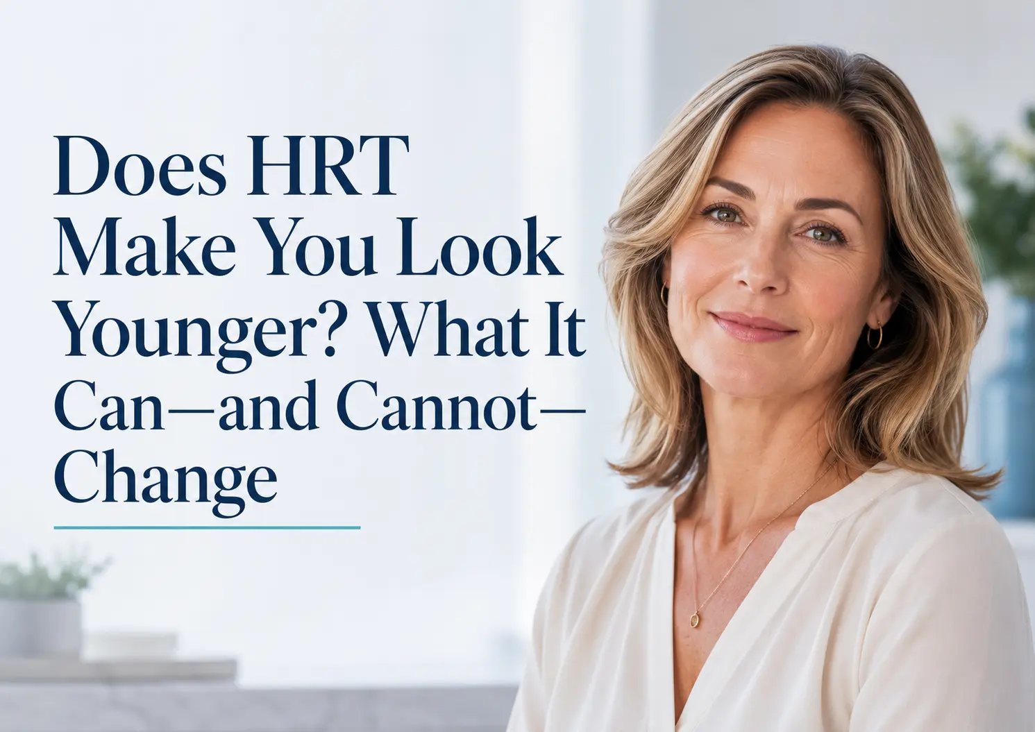 Confident middle-aged woman in a bright wellness setting beside text reading, “Does HRT Make You Look Younger? What It Can—and Cannot—Change.”