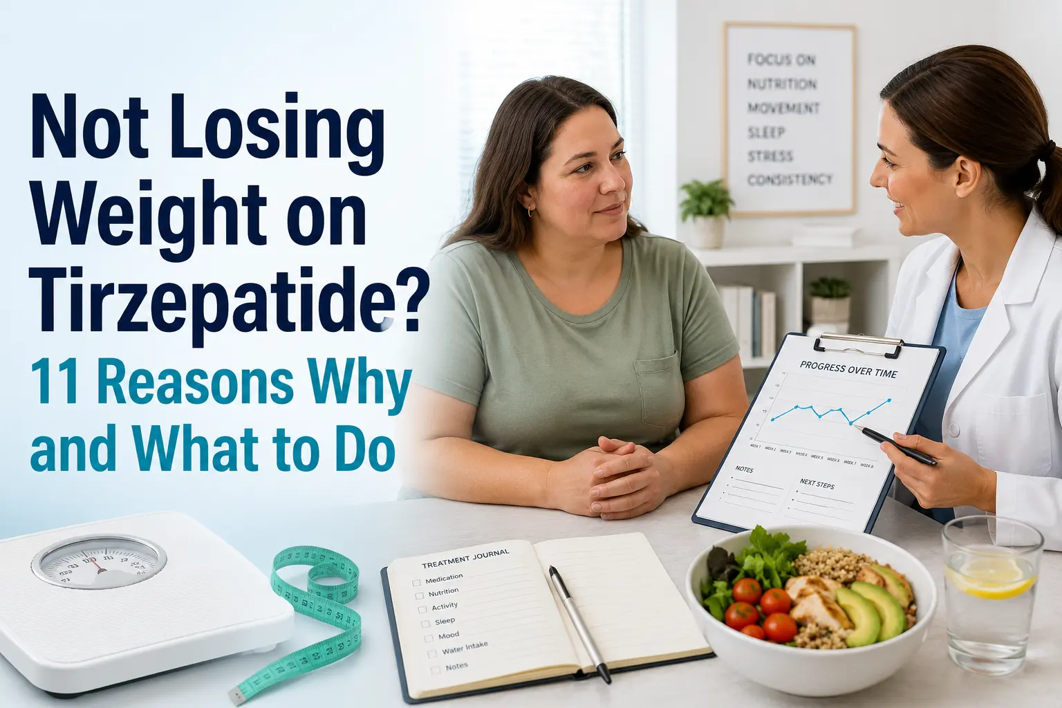 A patient discusses stalled tirzepatide weight loss with a healthcare provider beside a progress chart, scale, measuring tape, journal, and healthy meal.