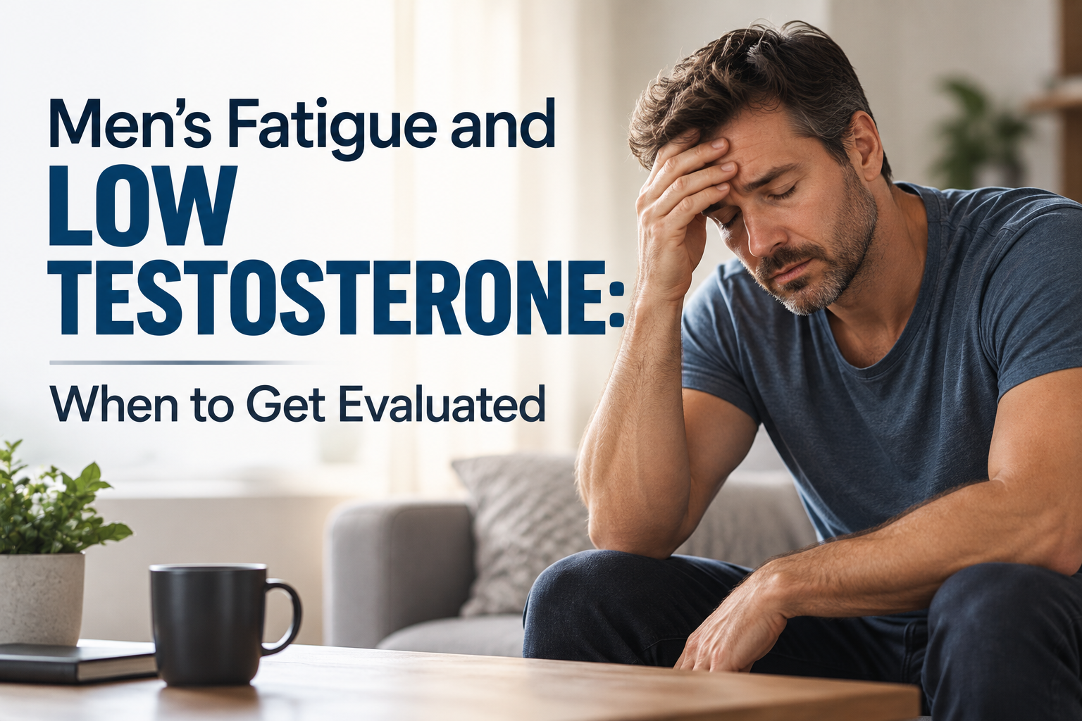 Horizontal featured image showing a tired man sitting on a couch with his hand on his forehead. Text reads: “Men’s Fatigue and Low Testosterone: When to Get Evaluated.”