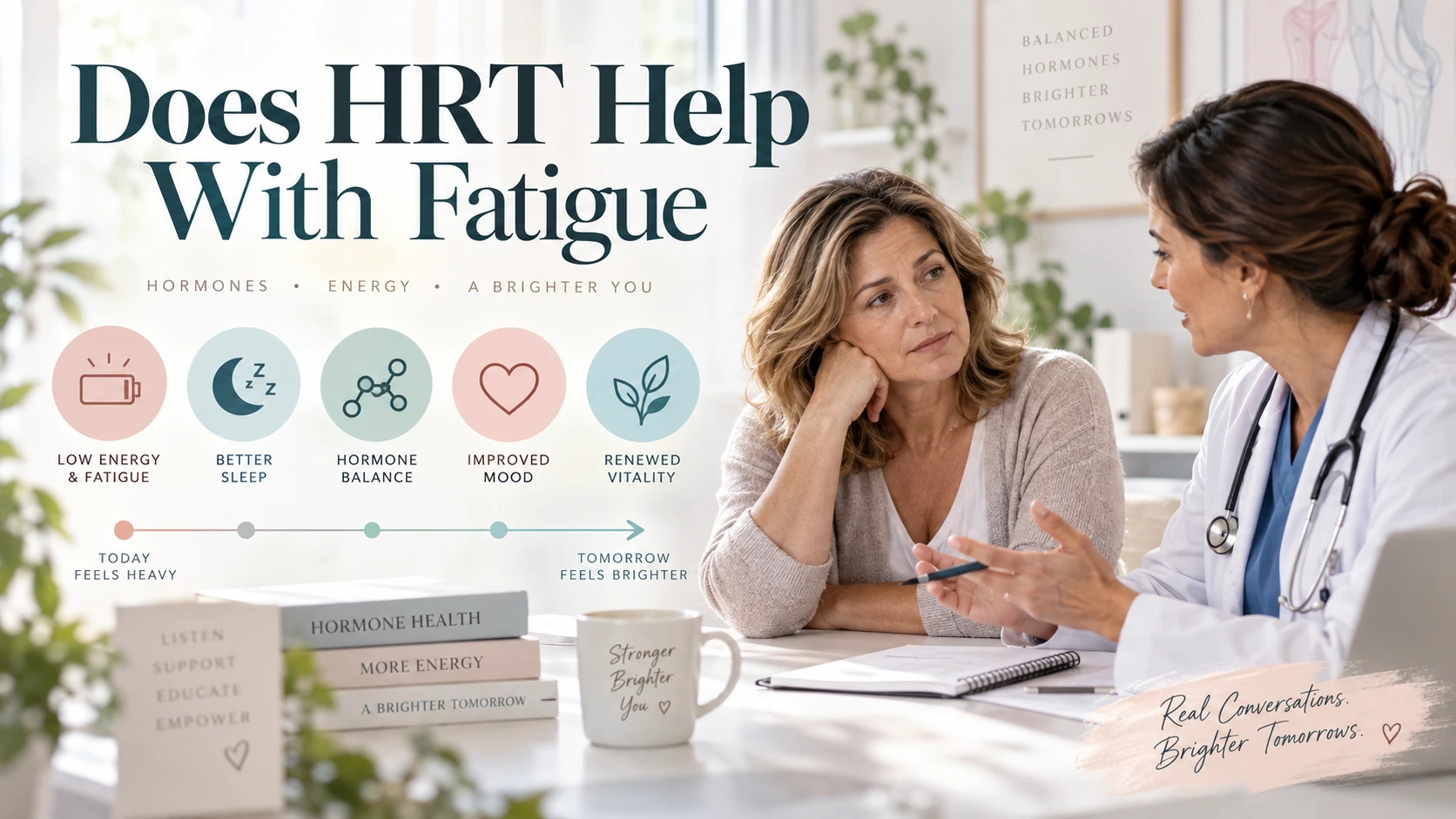 Middle-aged woman discussing fatigue and hormone health with a doctor, alongside icons for low energy, sleep, hormone balance, mood, and vitality, with text reading “Does HRT Help With Fatigue?”
