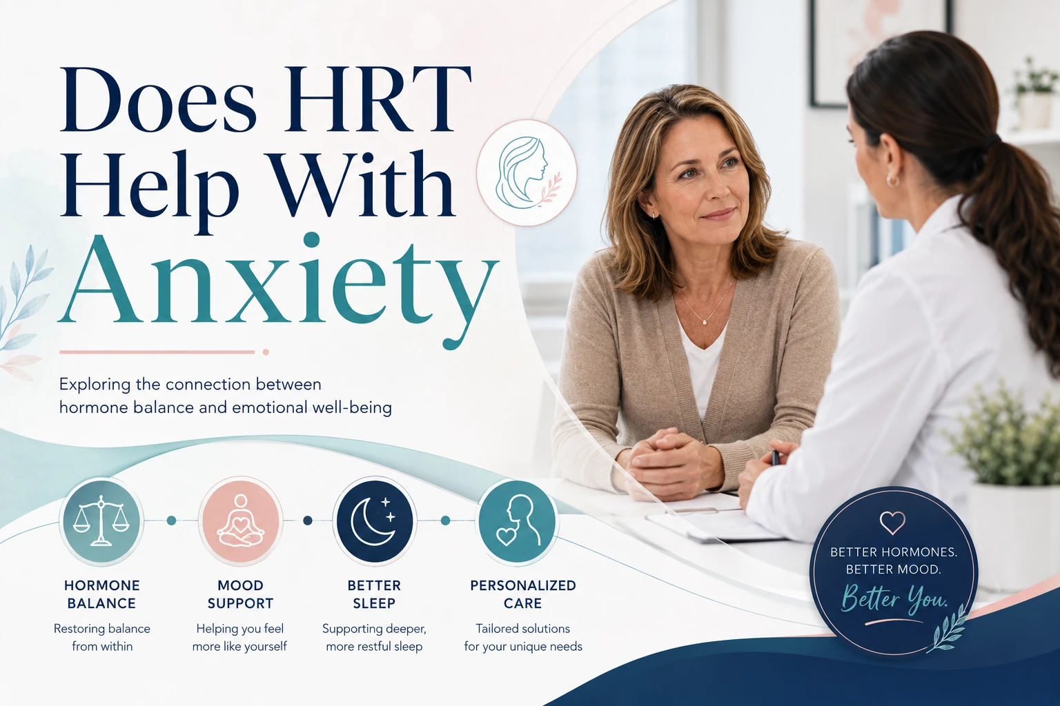 Middle-aged woman discussing anxiety and hormone health with a doctor, alongside icons for hormone balance, mood support, sleep, and personalized care, with text reading “Does HRT Help With Anxiety?”