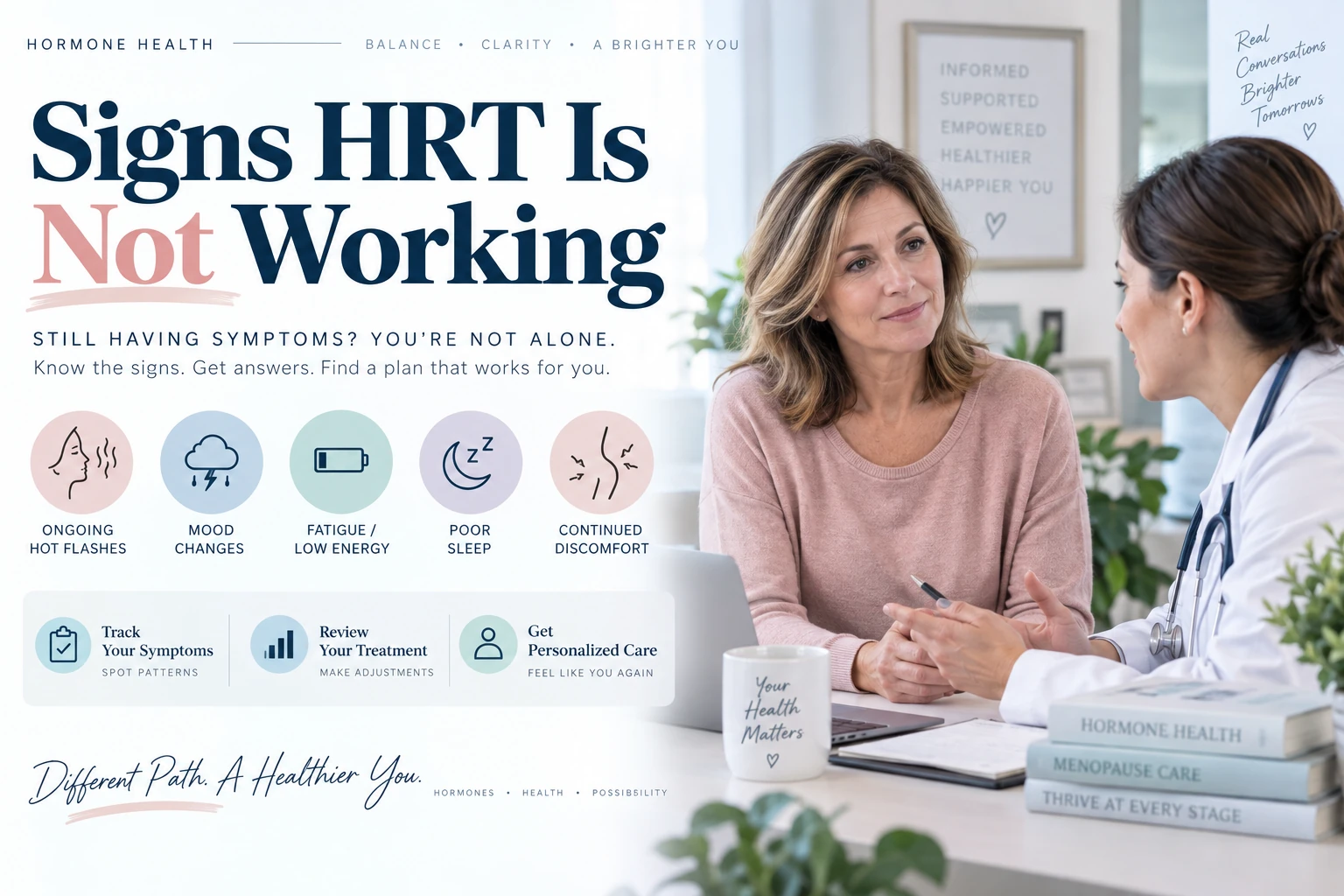 Middle-aged woman discussing hormone therapy with a doctor, alongside icons for ongoing hot flashes, mood changes, fatigue, poor sleep, and continued discomfort, with text reading “Signs HRT Is Not Working.”