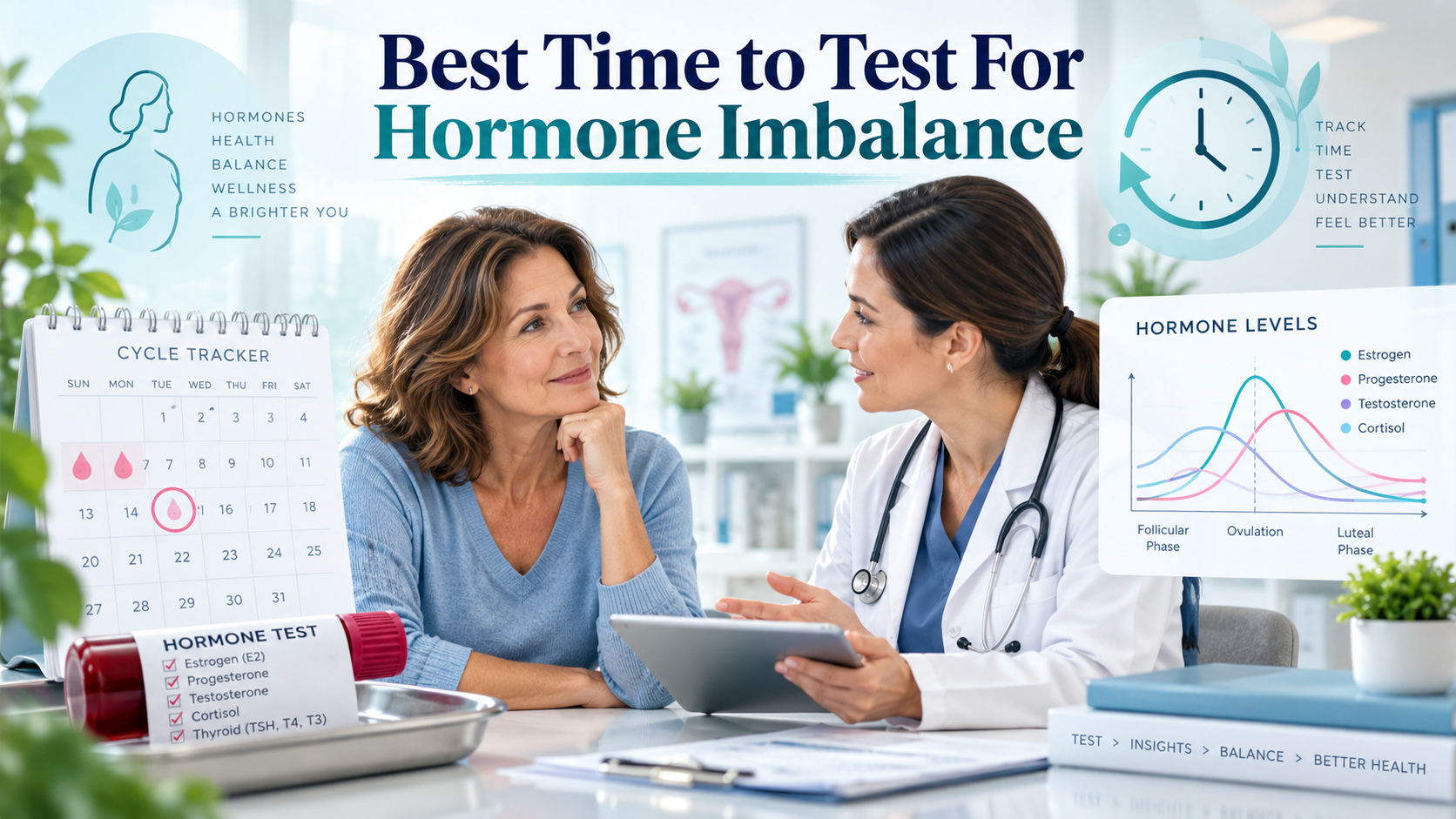Middle-aged woman discussing hormone testing with a doctor, alongside a cycle tracker, blood test sample, hormone level chart, and timing graphics, with text reading “Best Time to Test for Hormone Imbalance.”
