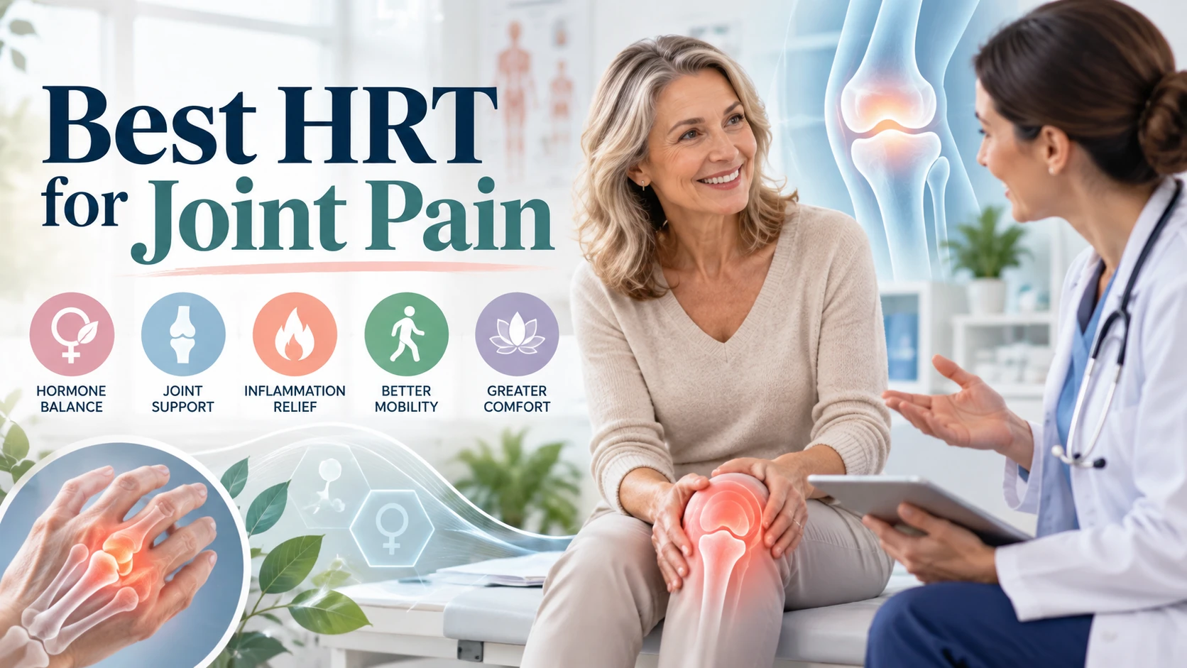 Middle-aged woman discussing joint pain and hormone therapy with a doctor, alongside knee joint, estrogen, inflammation, mobility, and treatment graphics, with text reading “Best HRT for Joint Pain.”