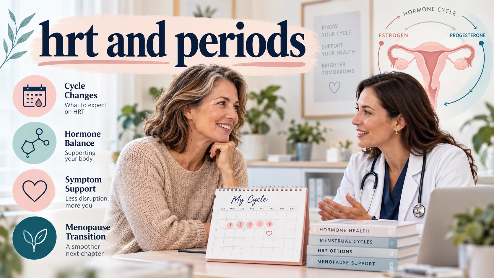 Middle-aged woman discussing menstrual cycle changes and hormone therapy with a doctor, alongside a cycle calendar, hormone diagram, and icons for cycle changes, hormone balance, symptom support, and menopause transition, with text reading “HRT and Periods.”